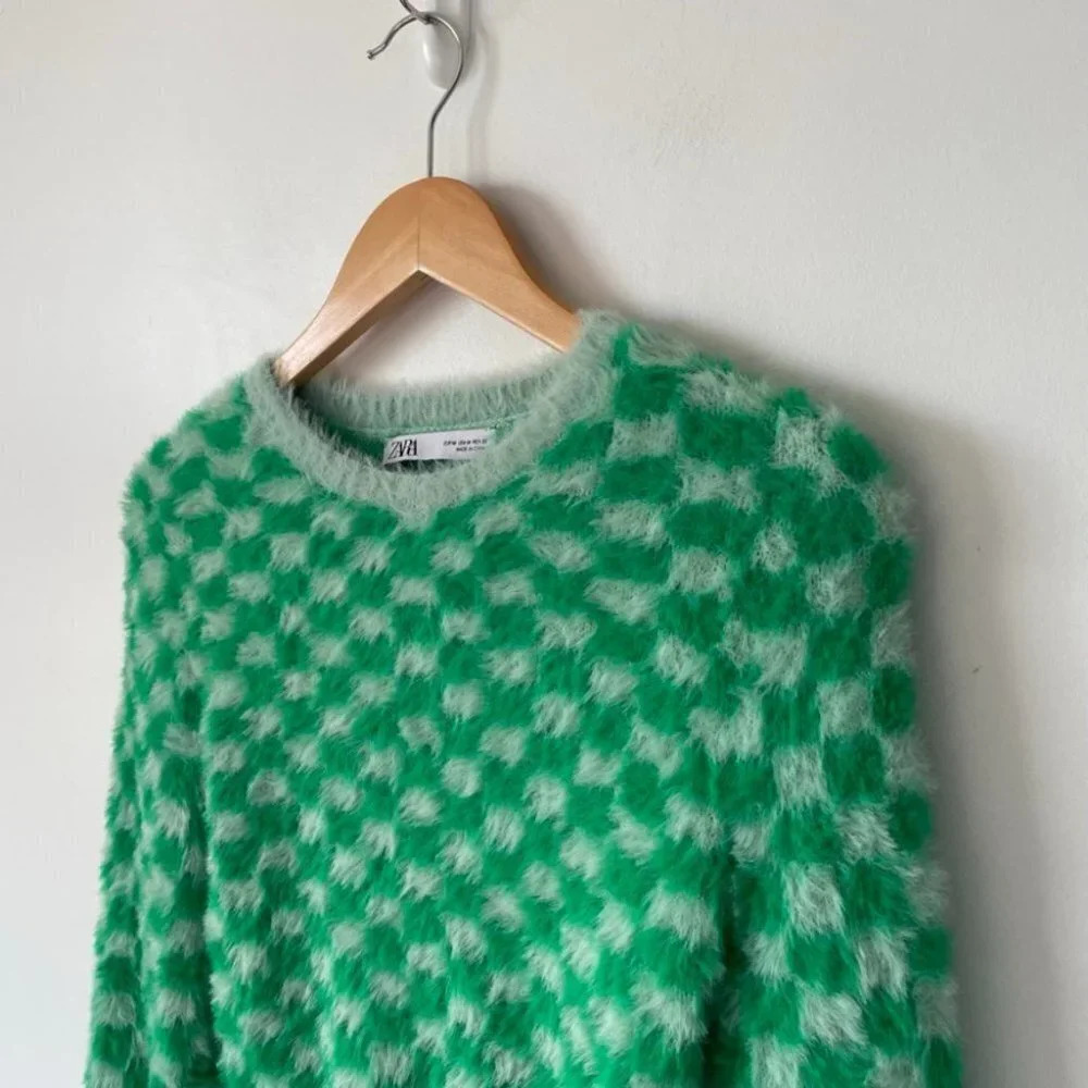 Zara Check Fuzzy Soft Cropped Sweater Green Sz Medium - Picture 5 of 8